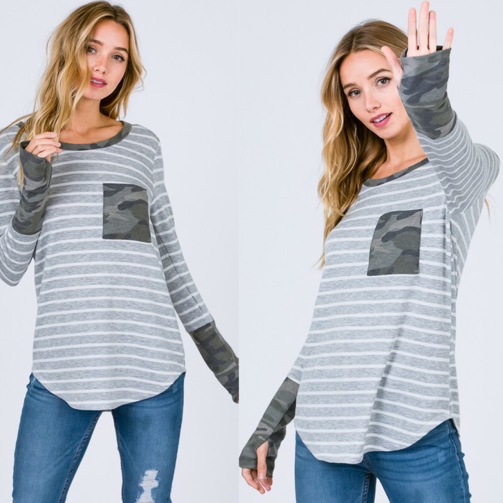 04 Camo Stripes Pocket Thumbhole Long Sleeve Top